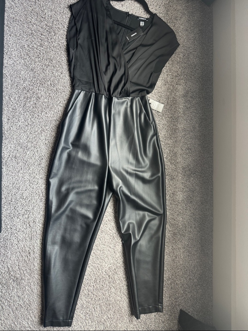 Express Black Faux-Leather & Draped Bodice Jumpsuit
